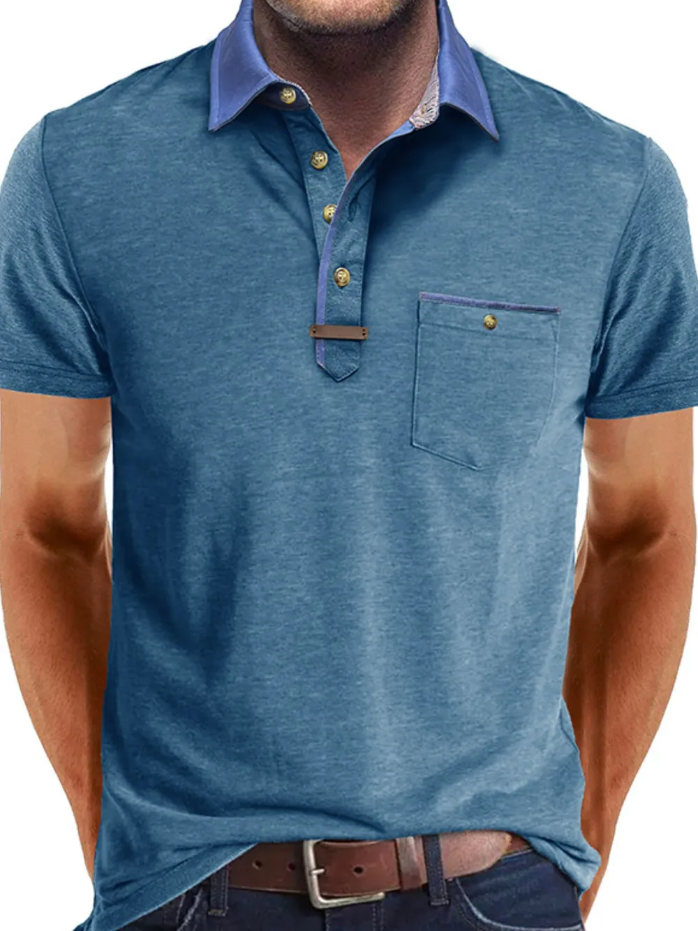 Men's Full Size Contrast Collar Pocket Polo Shirt Plus Size, image 9