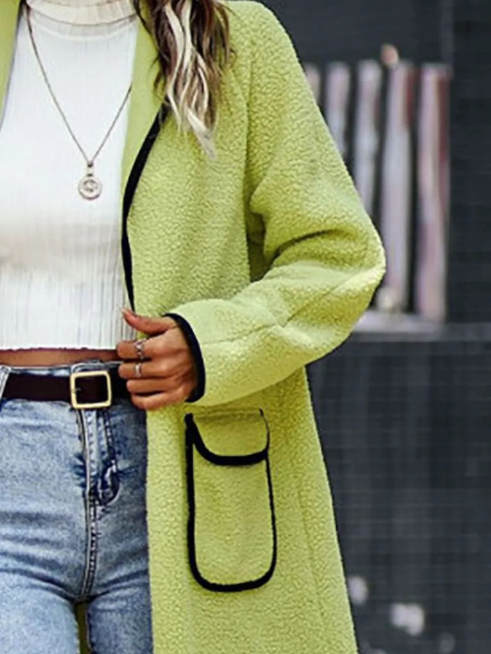 Full Size Contrast Trim Long Sleeve Coat with Pockets, image 15