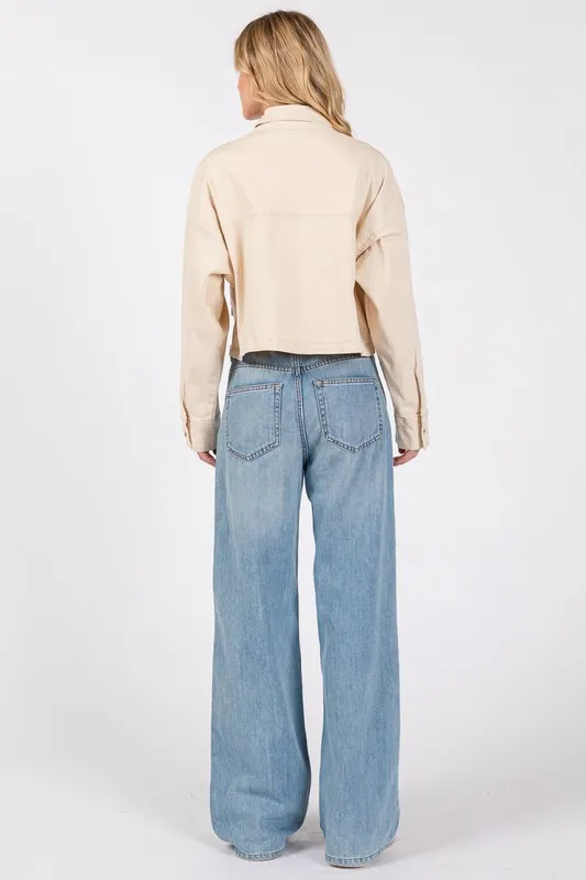 Button Down Cropped Denim Jacket with Patch Pockets, image 3