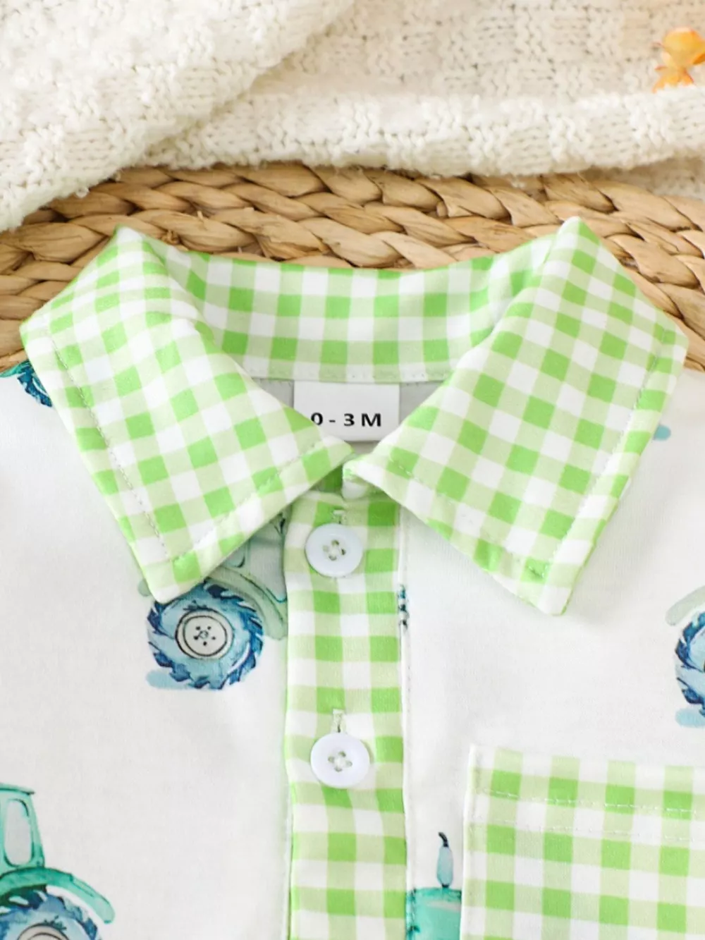 Children's Tractor Print Gingham Trim Baby One-Piece, image 2