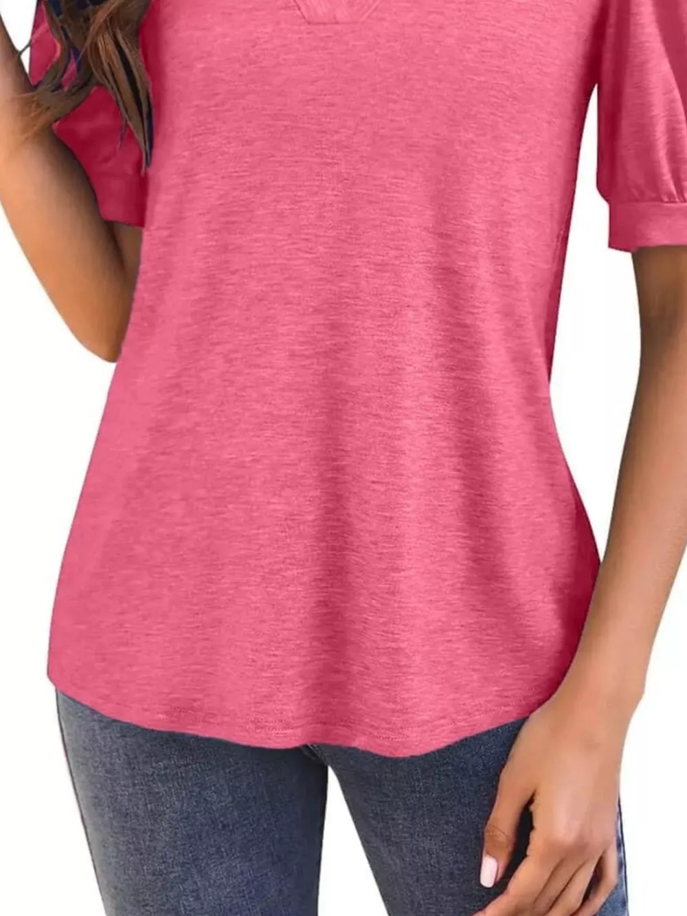 Puff Sleeve Notched Casual T-Shirt, image 15