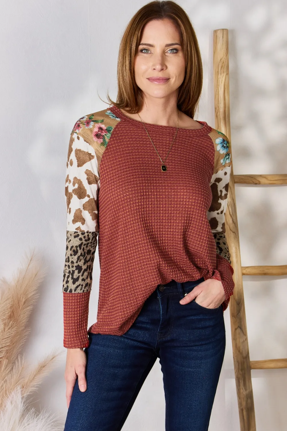Full Size Leopard Waffle-Knit Blouse, image 7