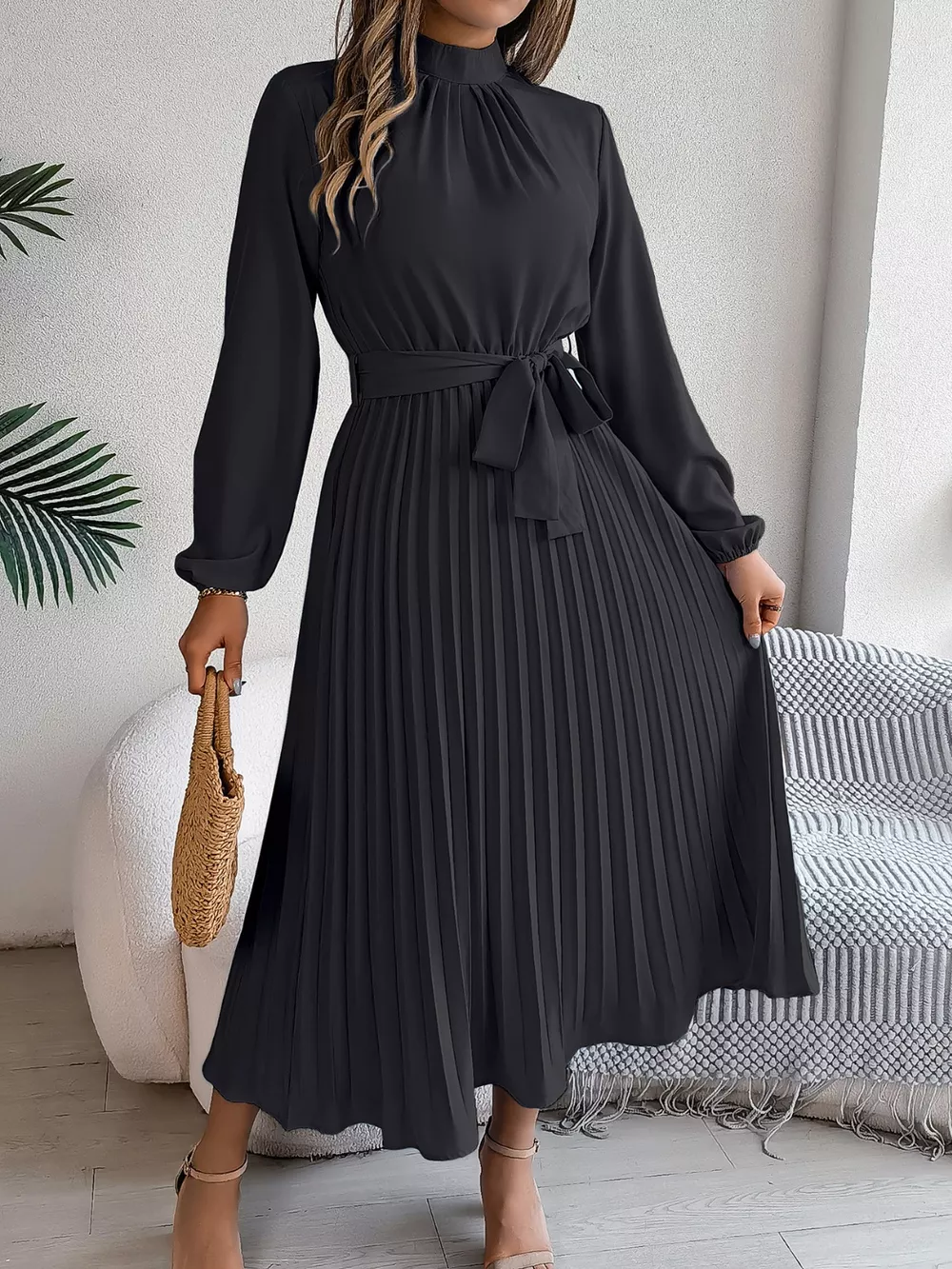 Mock Neck Pleated Midi Dress, image 7