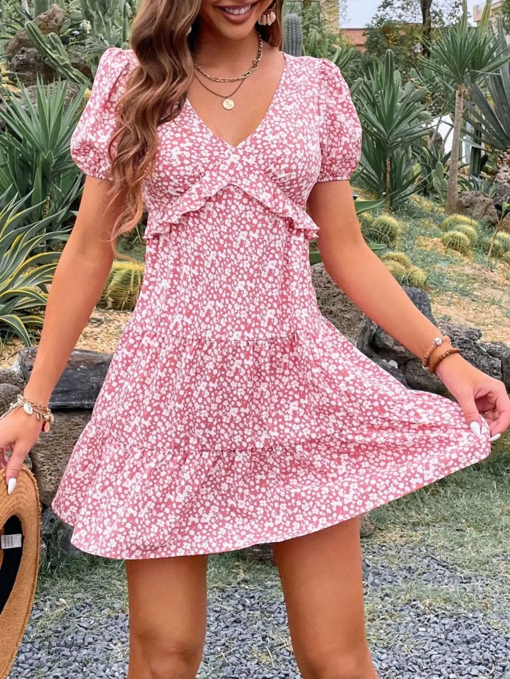 Floral Print Wrap Mini Dress with Puff Sleeves, image 2