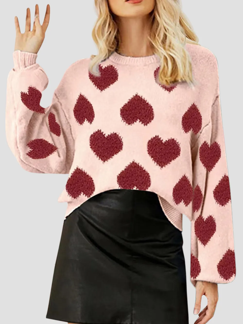 Heart Round Neck Dropped Shoulder Sweater, image 2