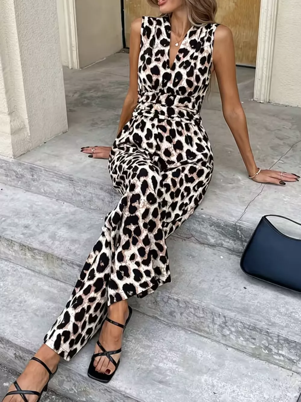 Sleeveless V-Neck Leopard Print Wide Leg Jumpsuit, image 7
