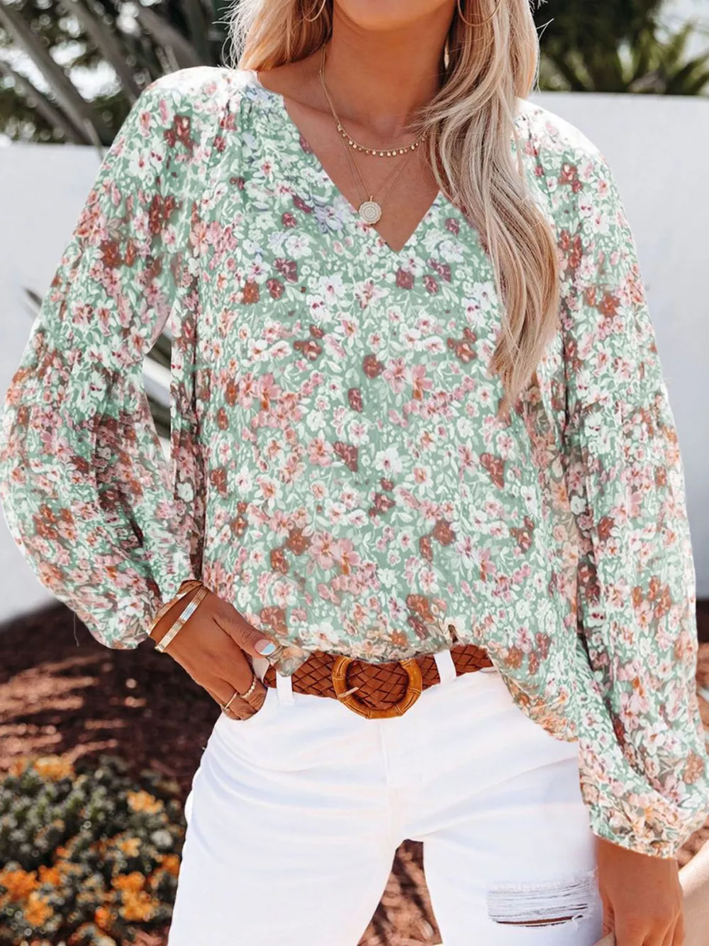 Full Size Floral Print V-Neck Long Sleeve Blouse Plus Size, image 2