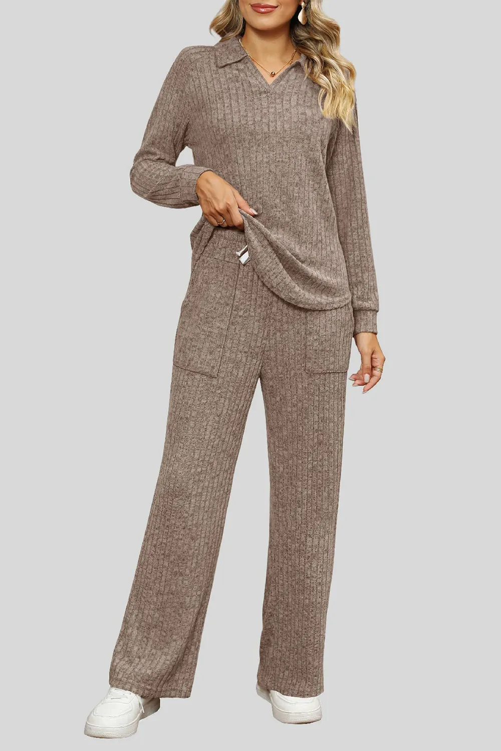 Ribbed Long Sleeve Top and Pocketed Pants Set, image 2