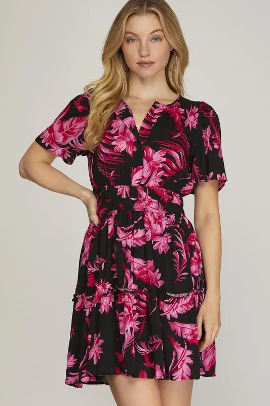 Full Size Printed Notched Short Sleeve Frill Tiered Dress Plus Size