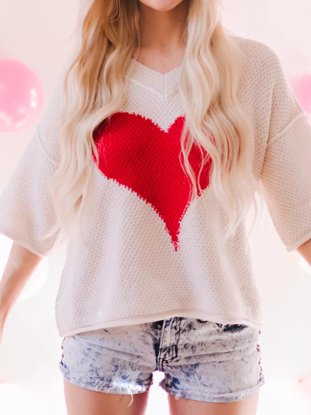 V-Neck Dropped Sleeve Heart Print Valentines Sweater, image 3