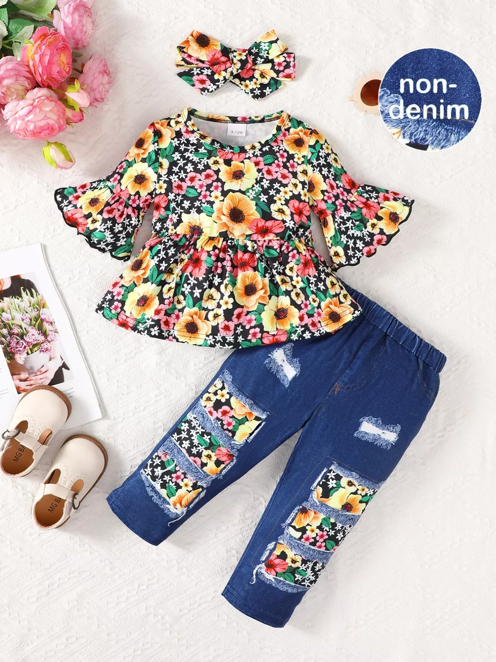 Children's Floral Bell Sleeve Top and Pants Set, image 3