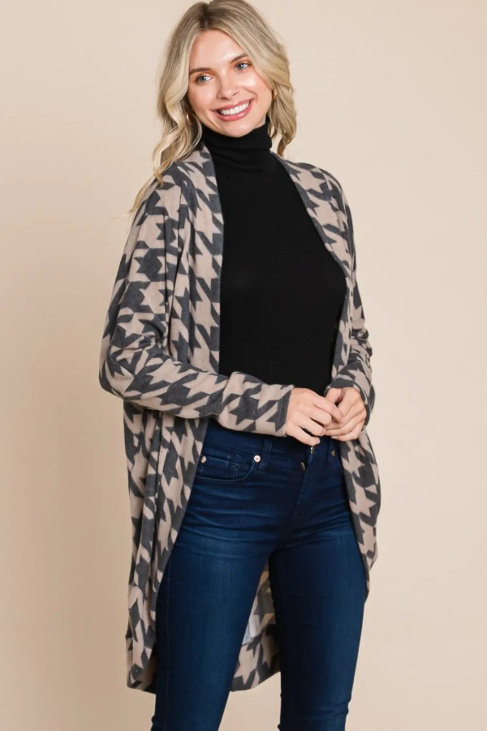 Houndstooth Open Front Cocoon Knit Cardigan, image 4