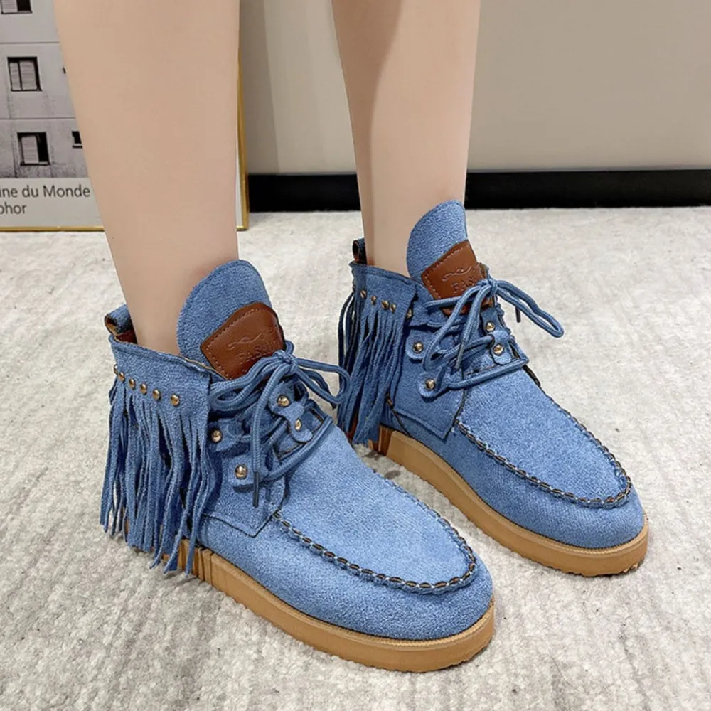 Fringe Studded Round Toe Canvas Boots, image 5