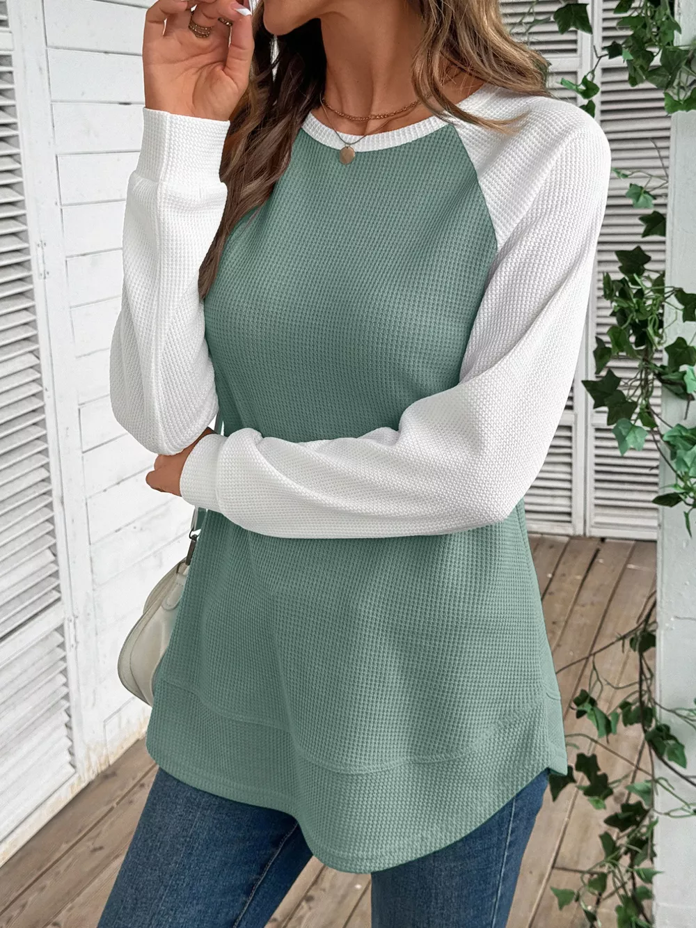 Contrast Raglan Sleeve Waffle Knit T-Shirt, image 28