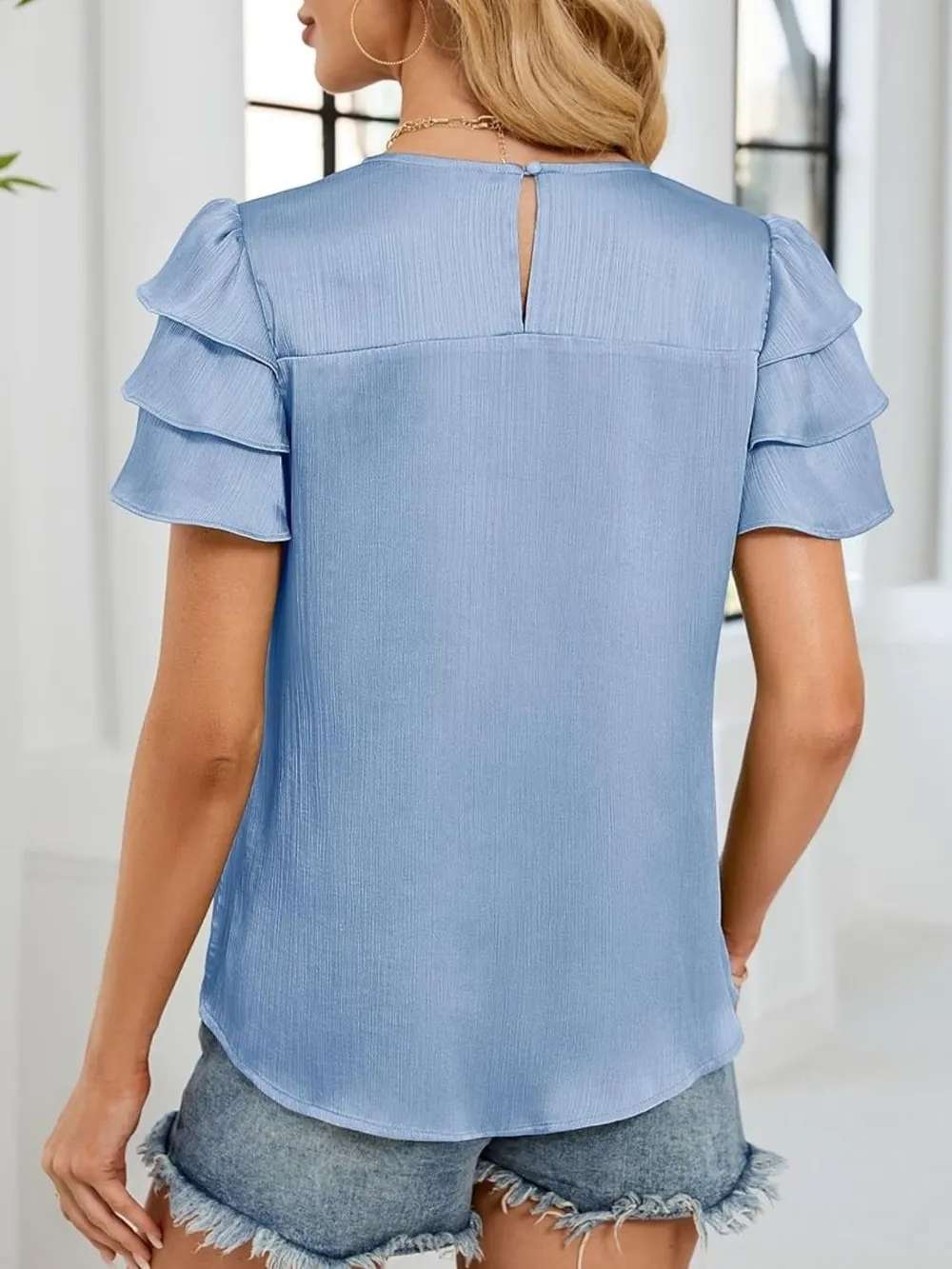 Smocked Round Neck Ruffled Layered Sleeve Blouse, image 3