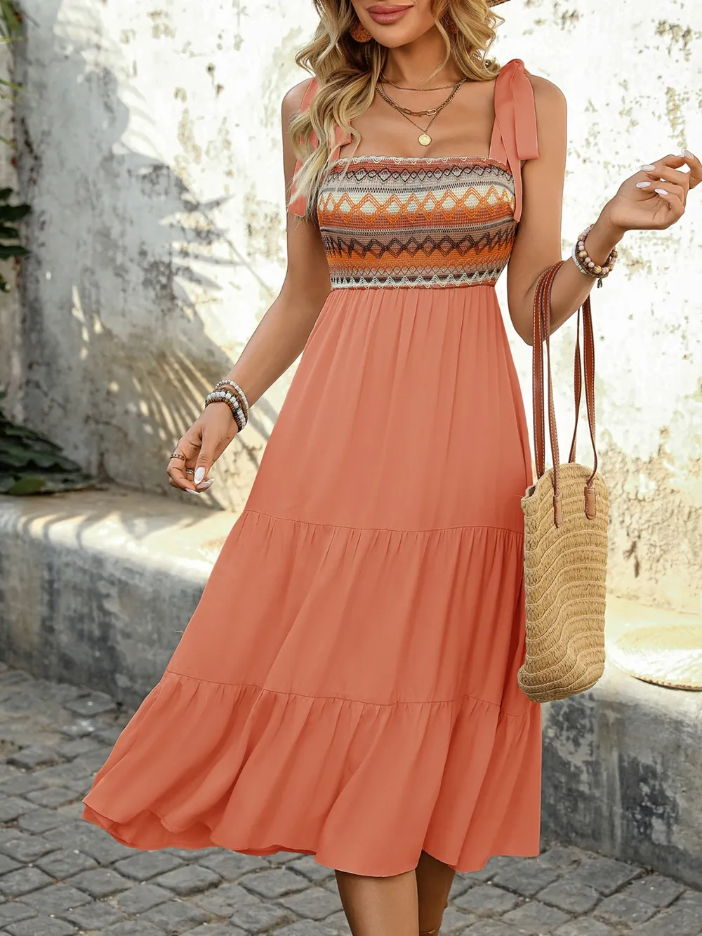 Tie Shoulder Tiered Midi Dress, image 5
