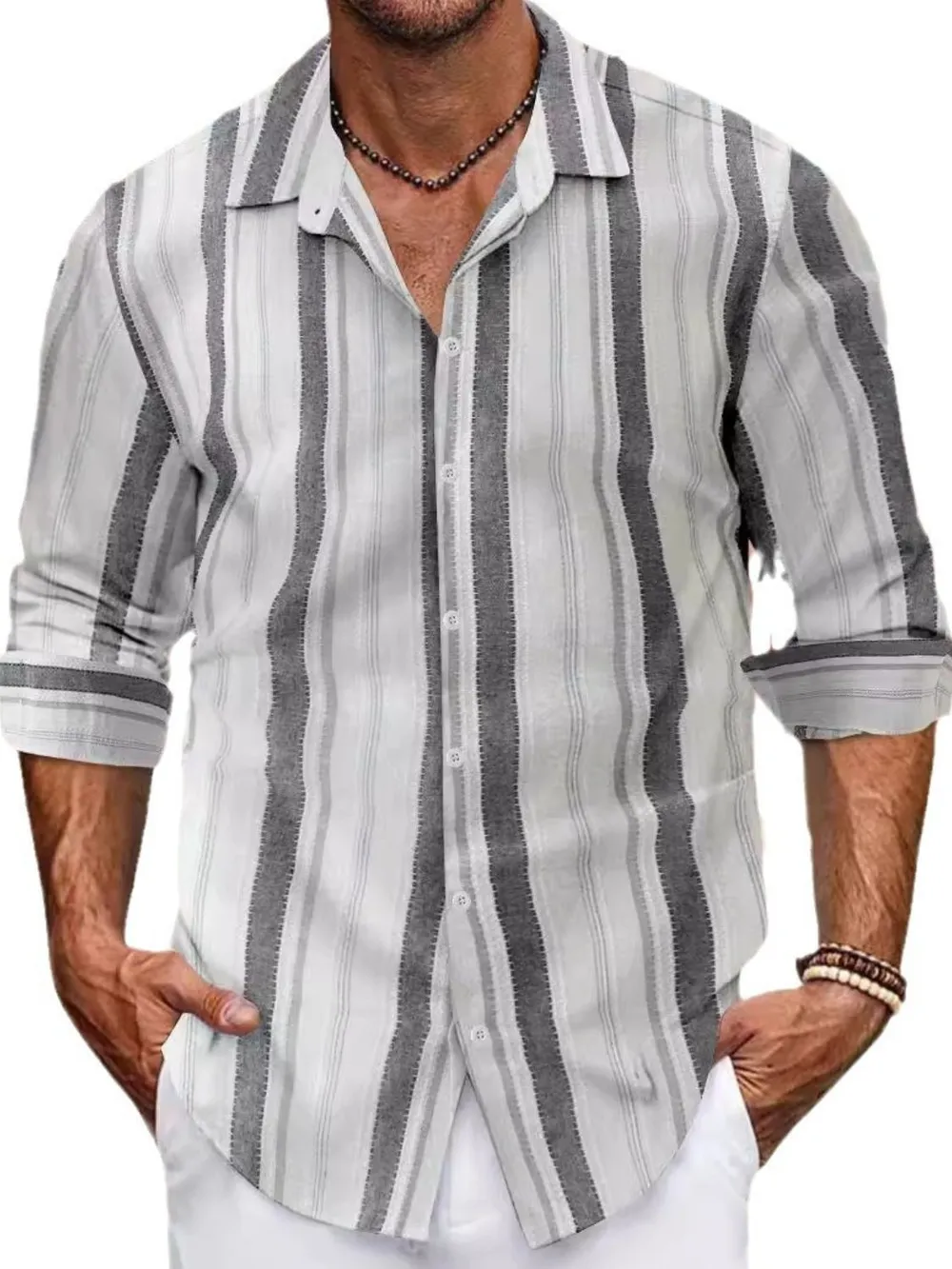 Men's Full Size Striped Button Up Long Sleeve Shirt Plus Size, image 7