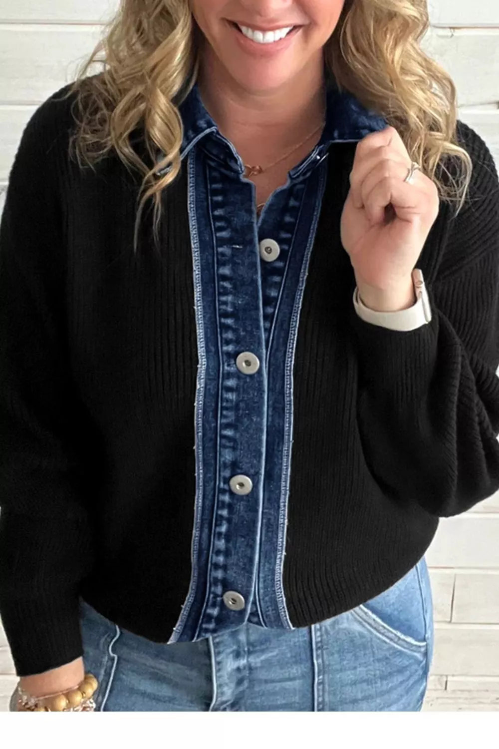 Denim Contrast Placket Long Sleeve Cardigan, image 2