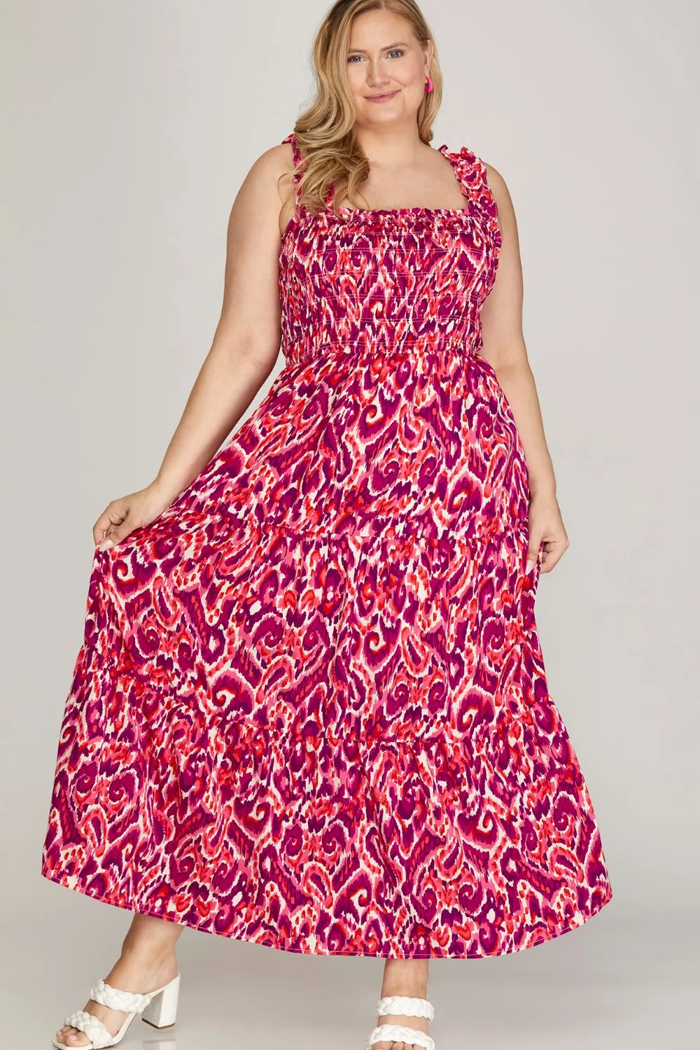Full Size Smocked Printed Wide Strap Tiered Dress Plus Size, image 5