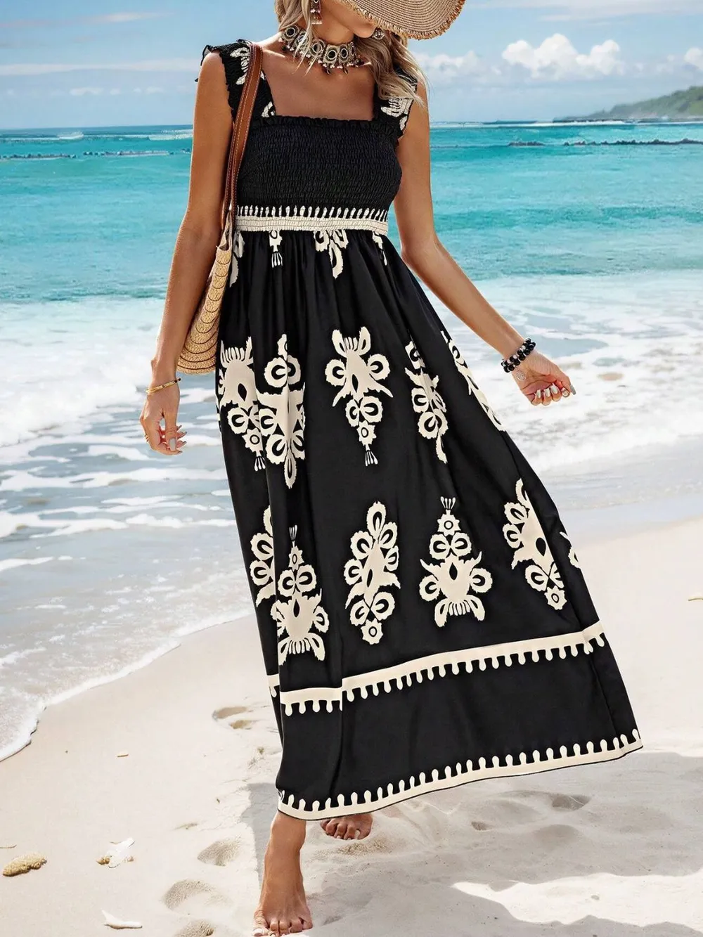 Smocked Printed Wide Strap Maxi Dress, image 8