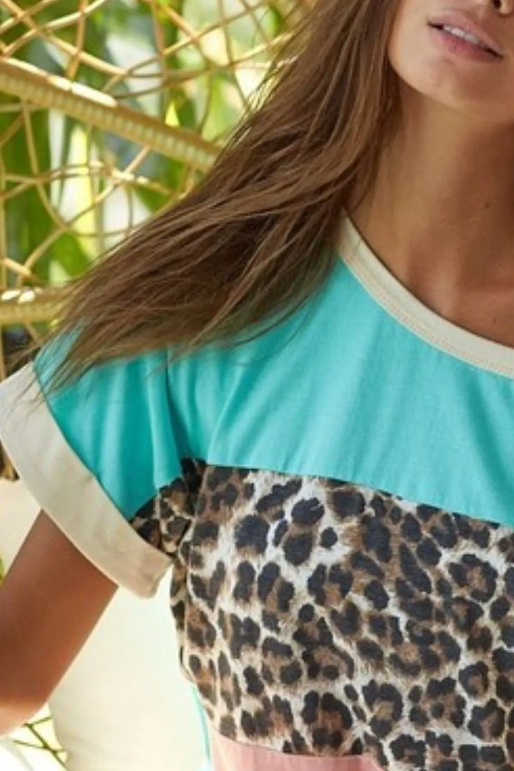 Leopard Printed Jersey Color Block Roll Up Top, image 3