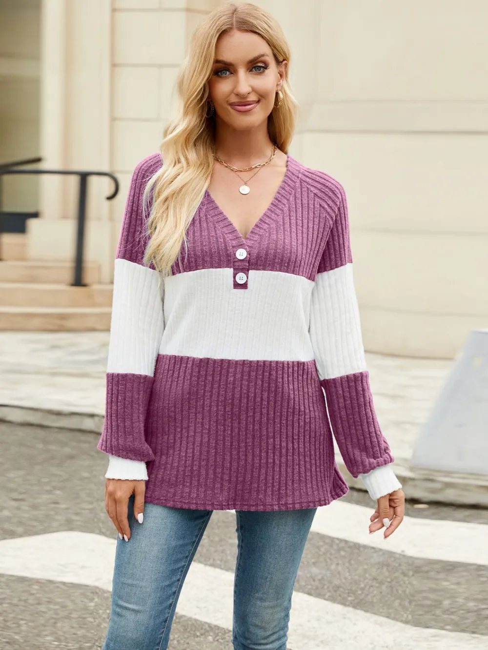 Color Block V-Neck Long Sleeve T-Shirt, image 28