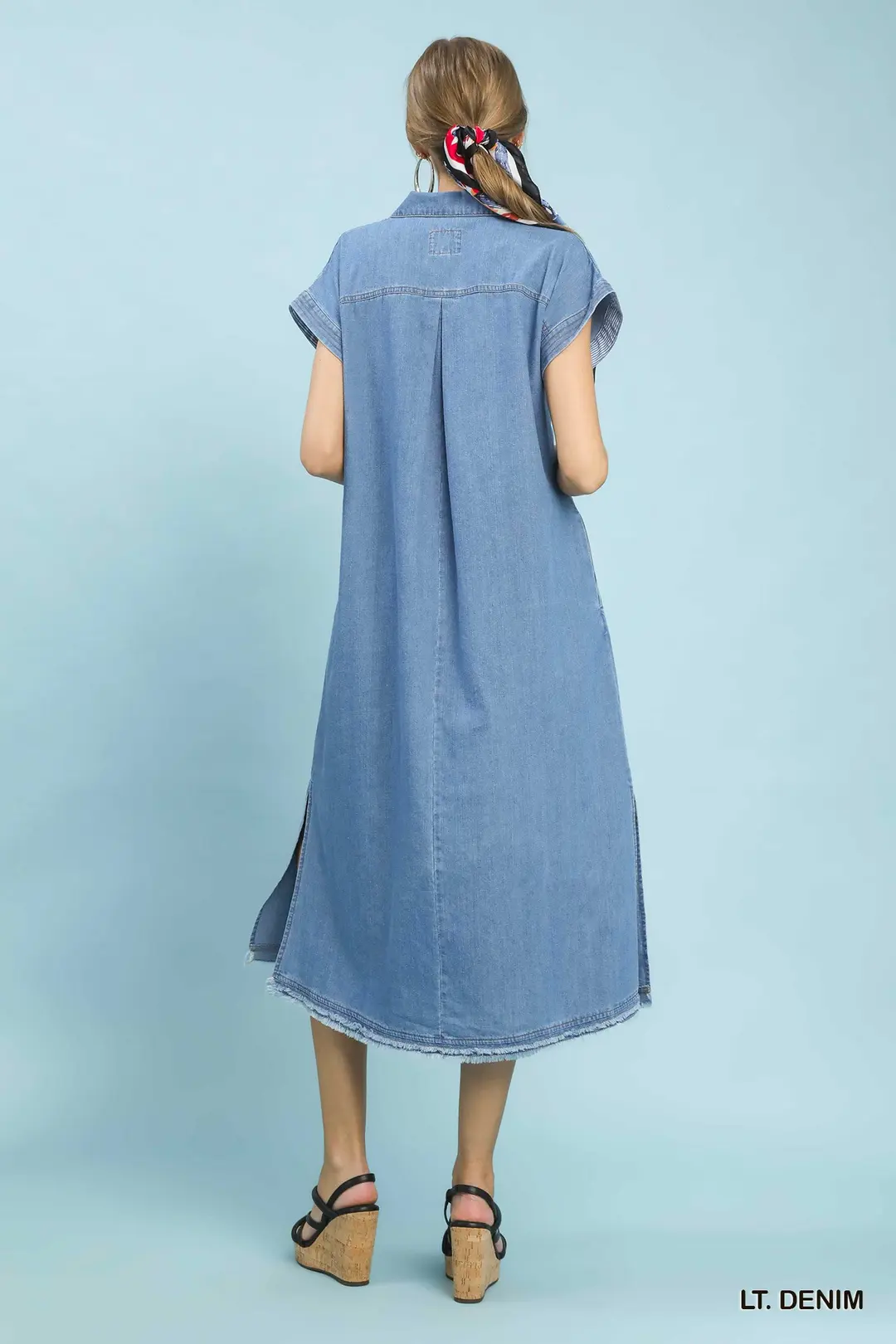 Stone Washed Collared Denim Midi Dress, image 3