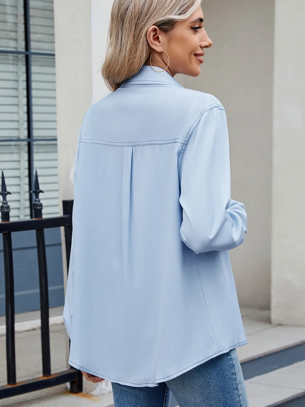 Solid Color Collared Neck Long Sleeve Shirt, image 6