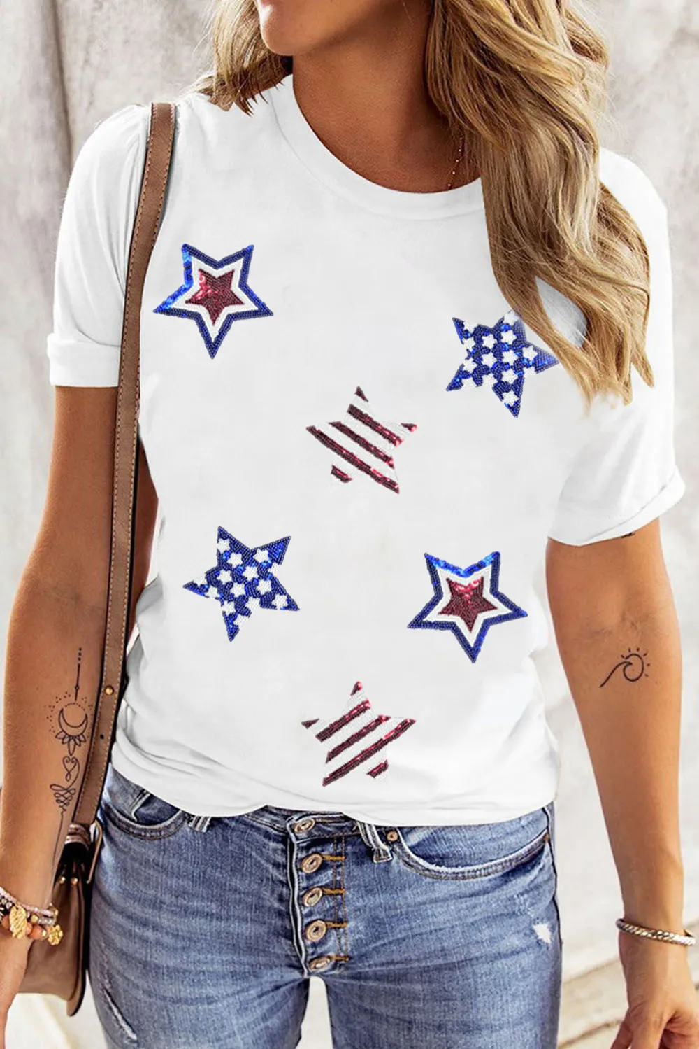 Sequin Star Round Neck Short Sleeve T-Shirt, image 4
