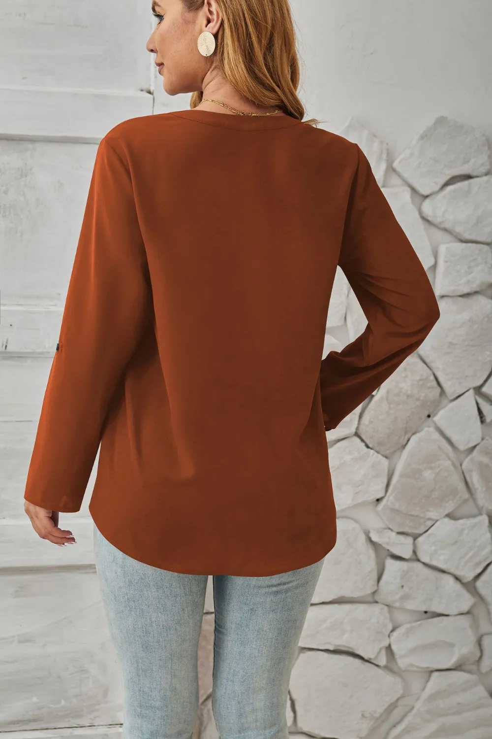 Decorative Button Notched Long Sleeve Blouse, image 12
