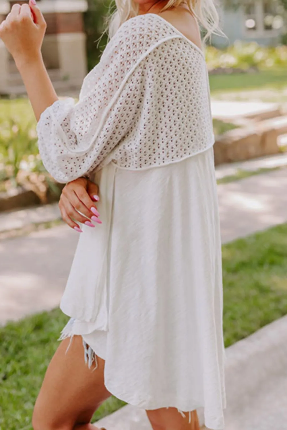 Openwork High Low Hem V Neck Oversized Top, image 6