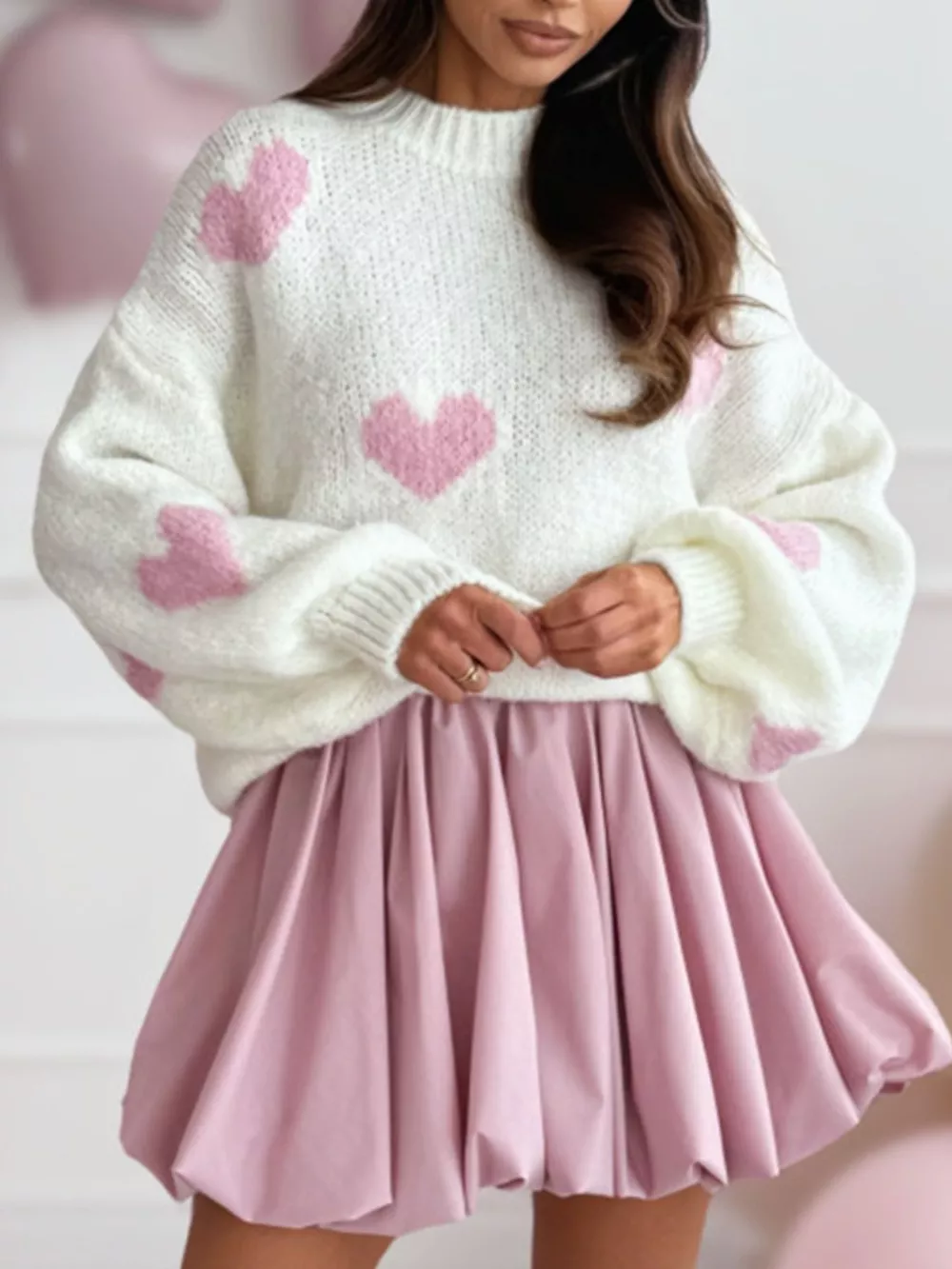 Heart Round Neck Knitted Sweater