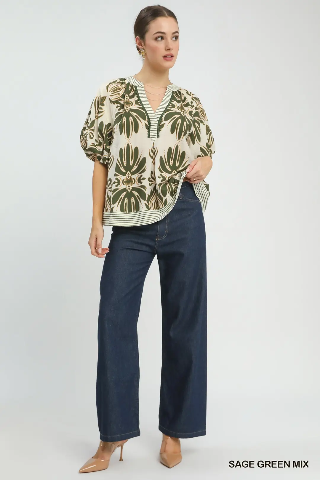 Mix Printed Puff Sleeve Top with Contrast Trim, image 5