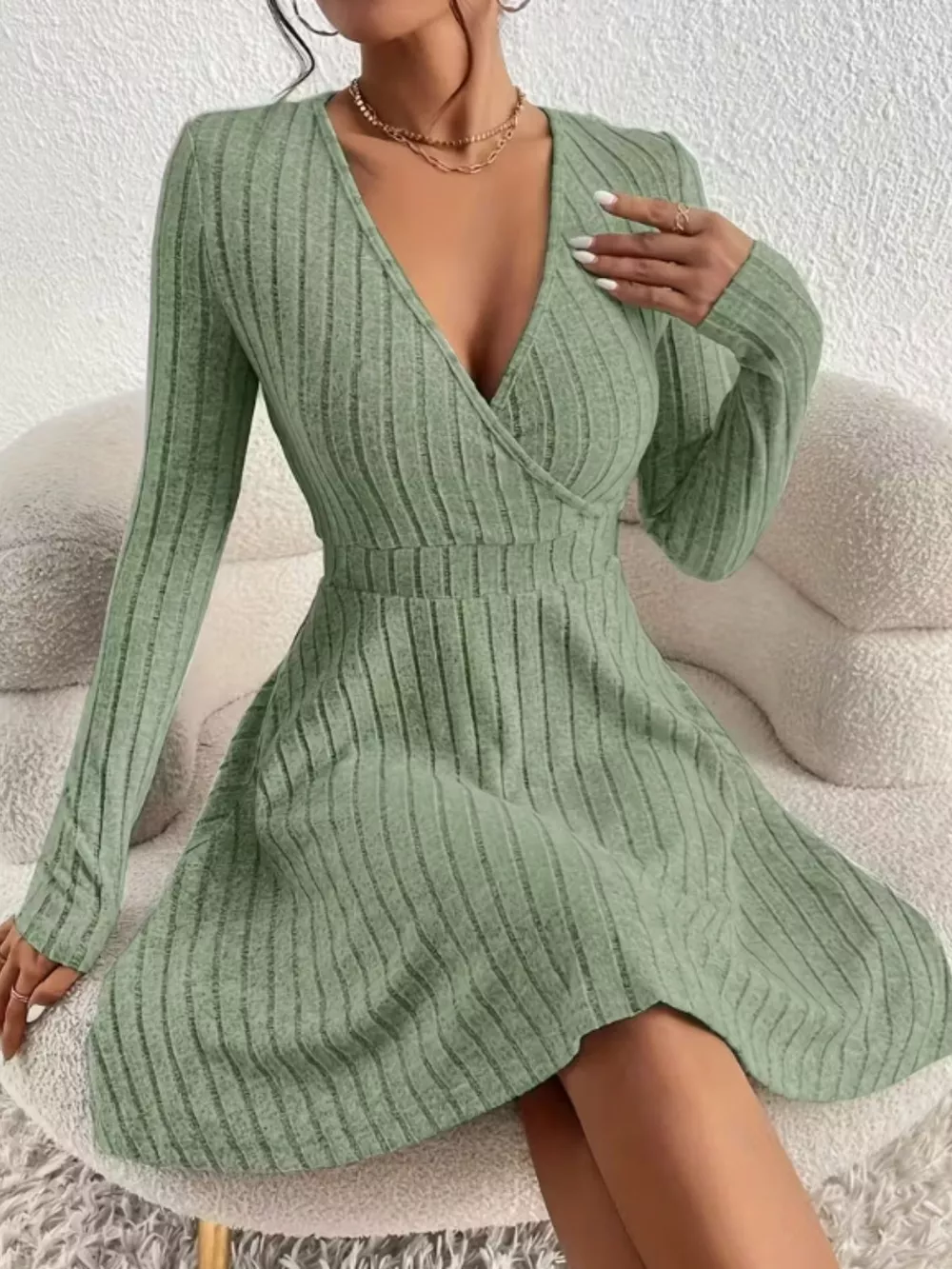 Ribbed Knit Wrap Mini Dress, image 13