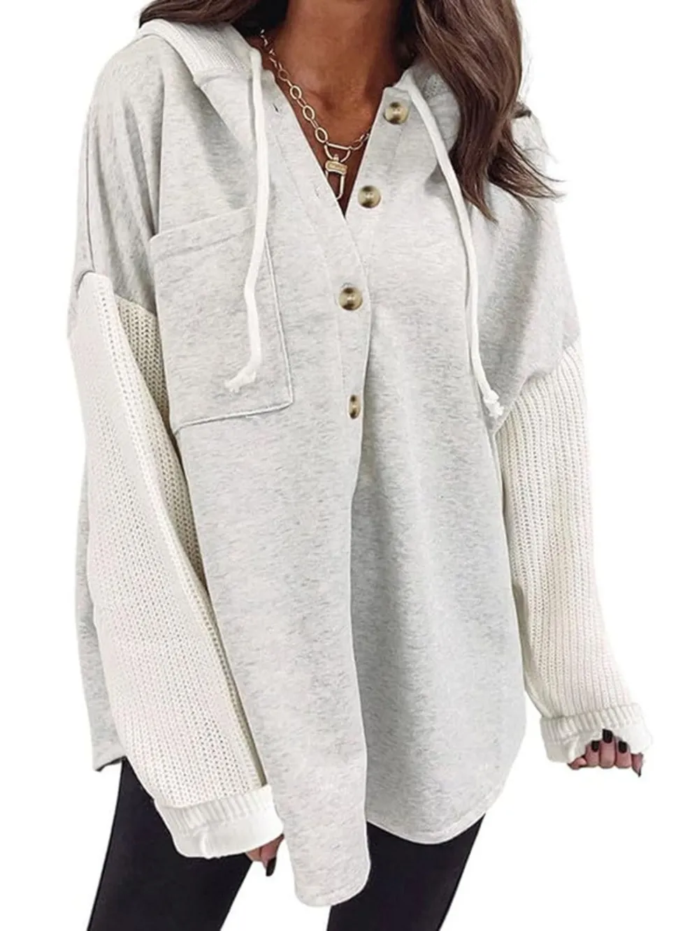 Drawstring Button Front Hoodie, image 9