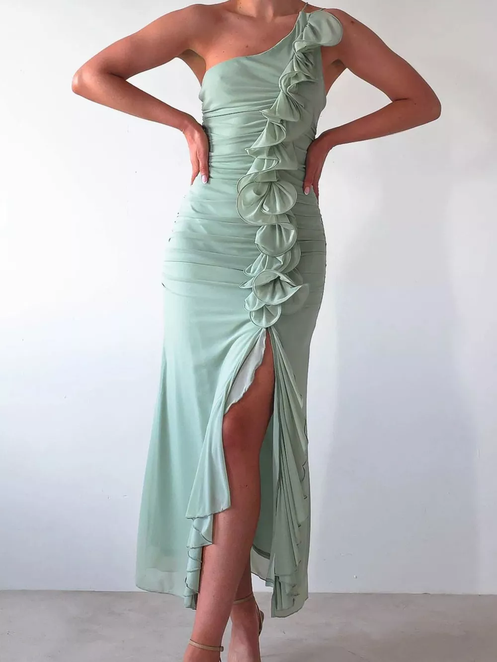 One-Shoulder Ruffle Slit Dress, image 5