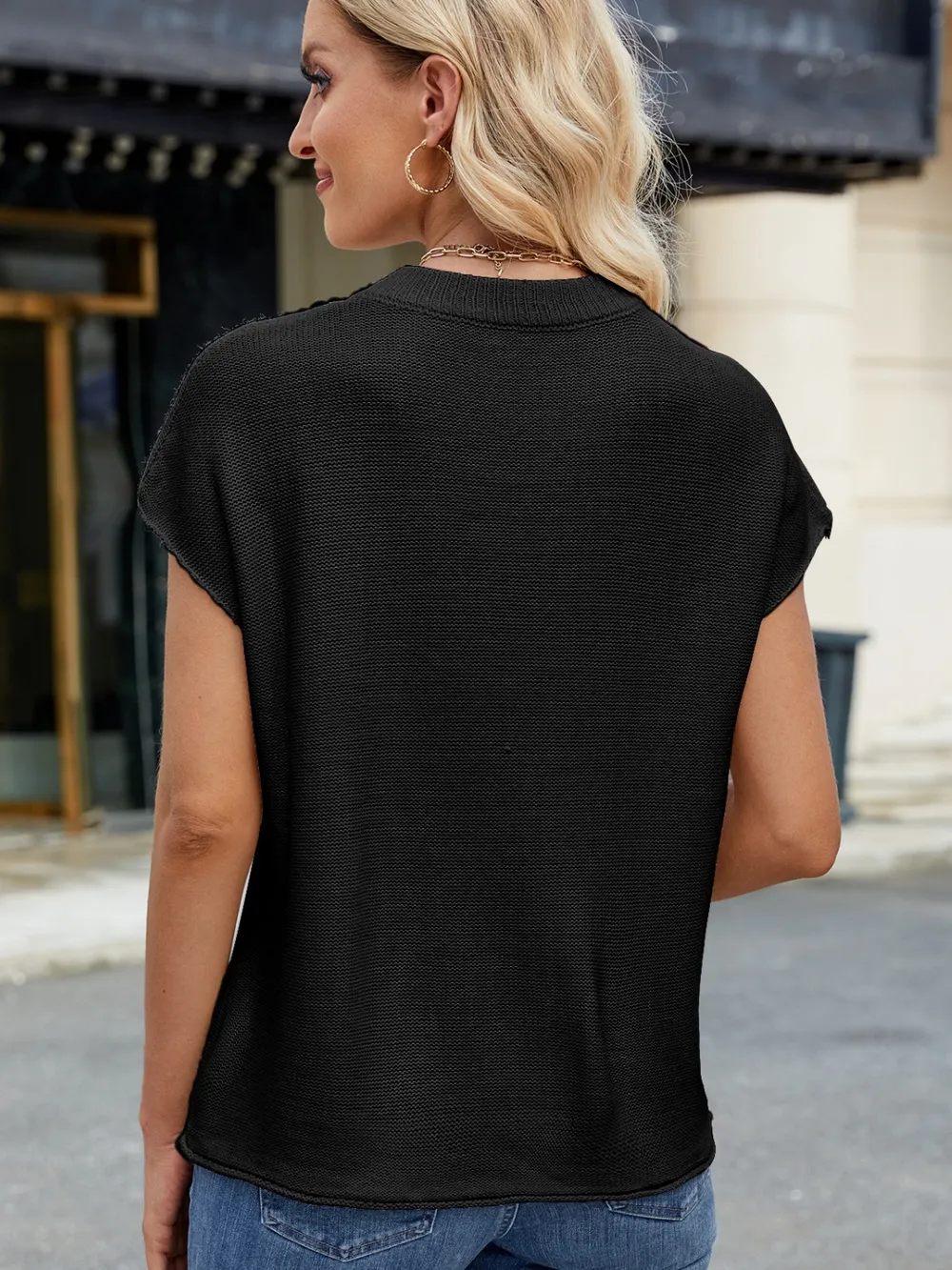 Exposed Seam Round Neck Short Sleeve Sweater, image 8