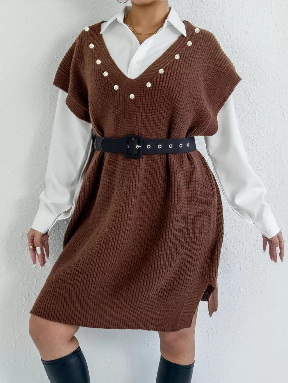 Slit V-Neck Sweater Dress, image 3