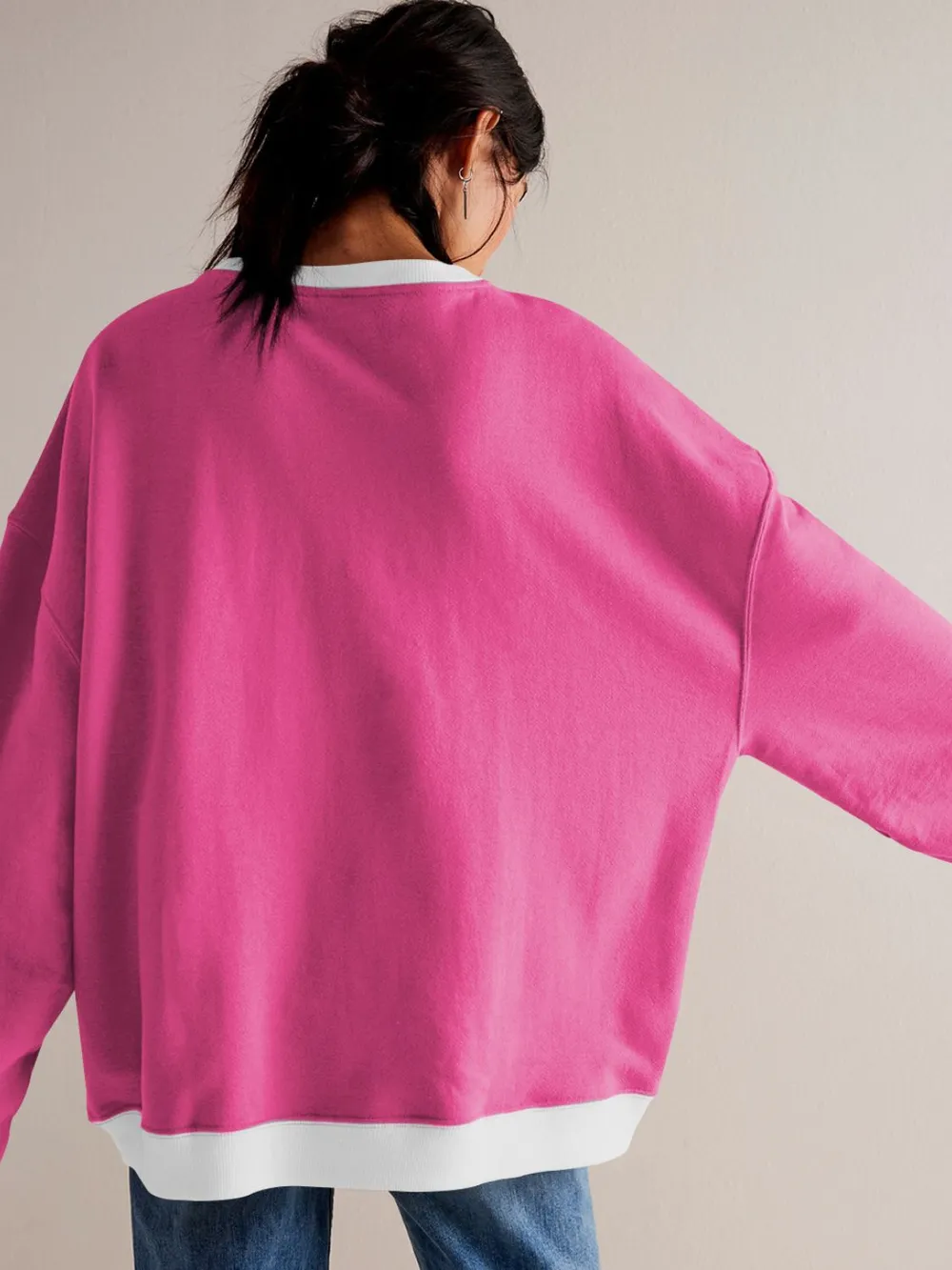 Contrast Trim Round Neck Long Sleeve Sweatshirt, image 6