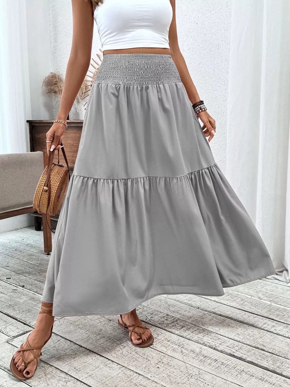 Smocked Waist Tiered Skirt, image 5