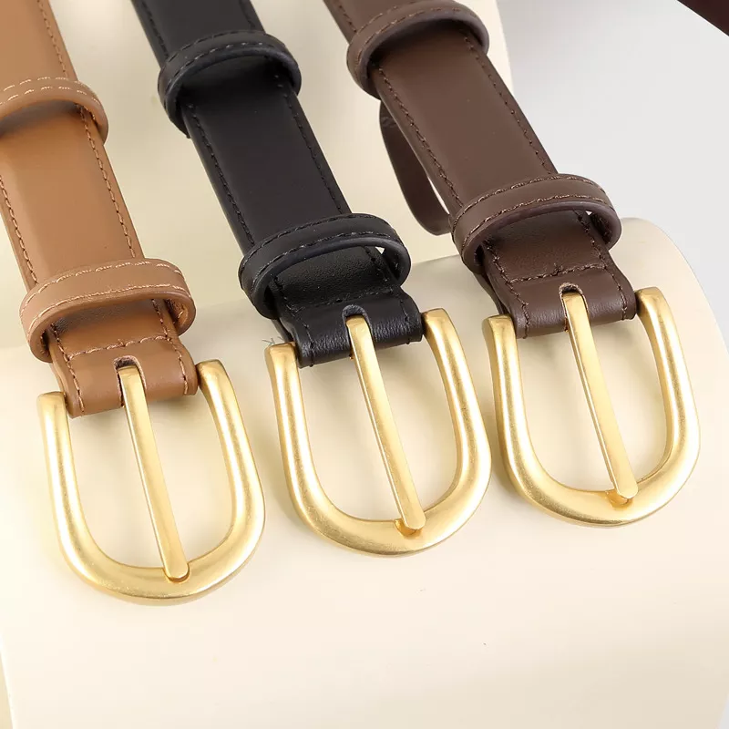Skinny Leather Belt with Golden Buckle, image 3