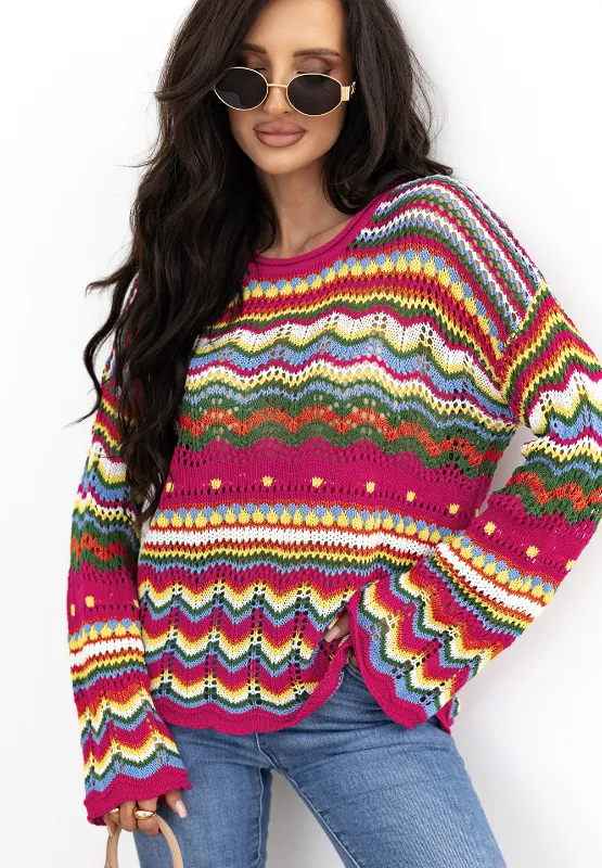 Openwork Contrast Round Neck Flare Sleeve Knit Top, image 9