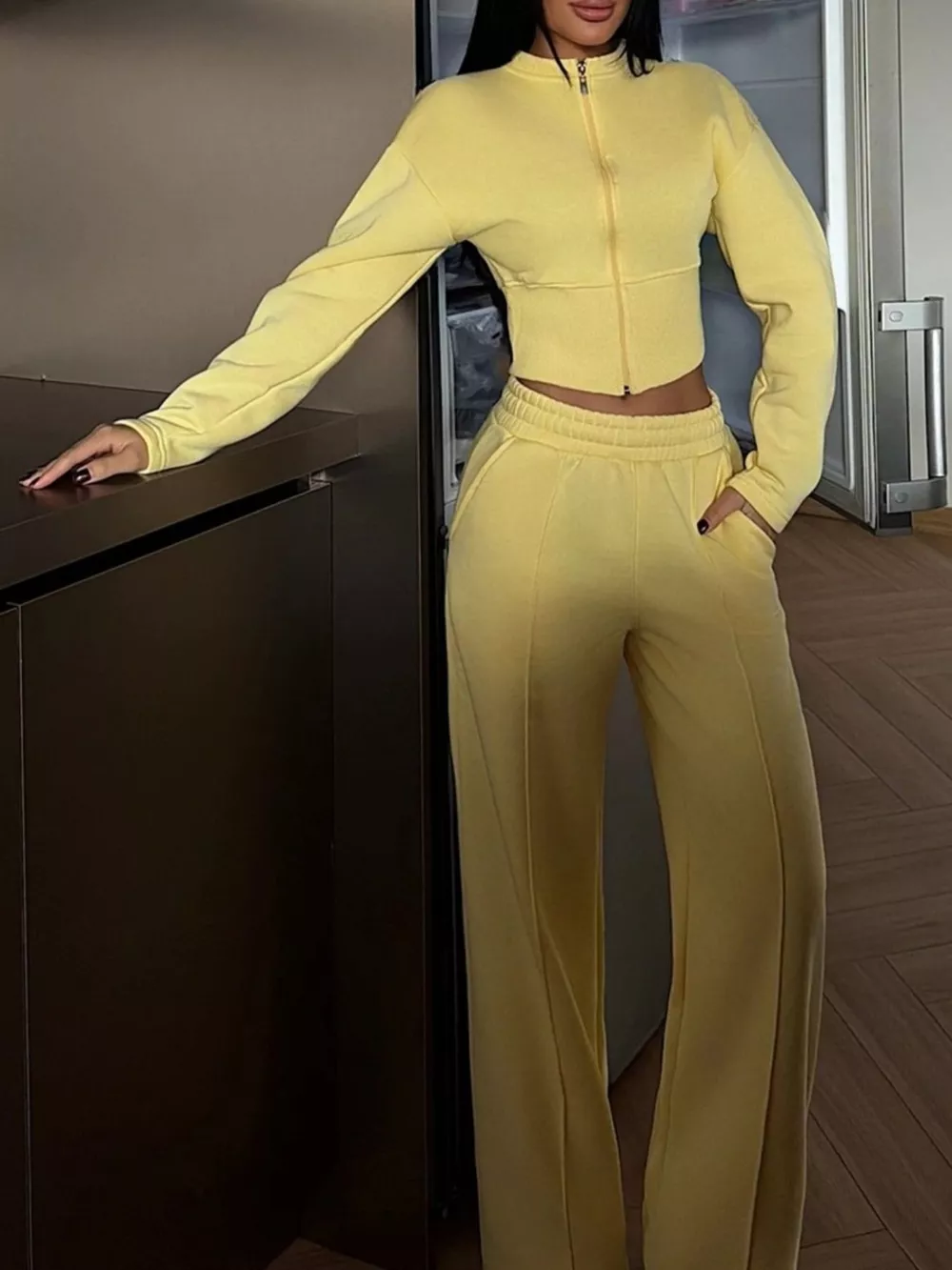 Zip-Up Crop Jacket and Wide-Leg Pants Set, image 22