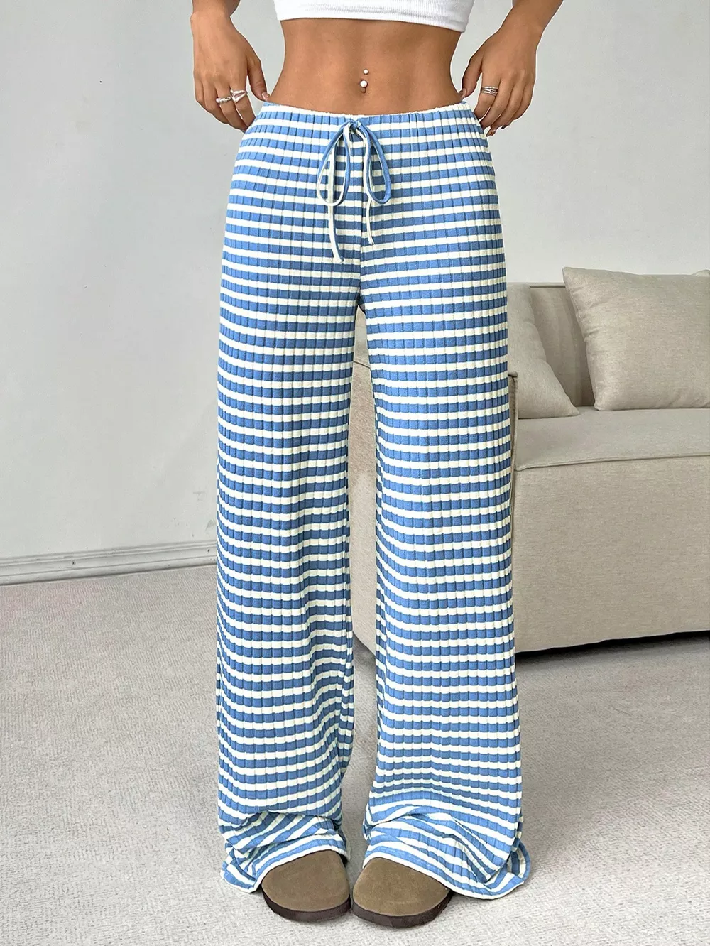 Ribbed Knit Drawstring Wide Leg Pants, image 6