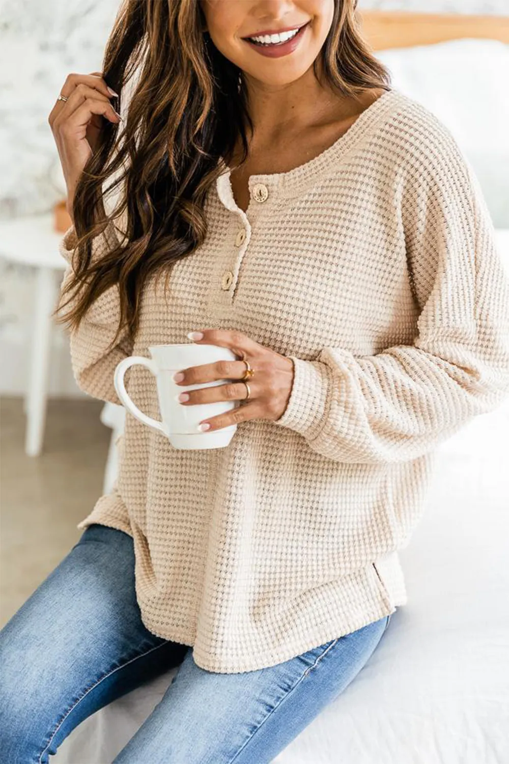 Slit Waffle Knit Long Sleeve T-Shirt, image 5