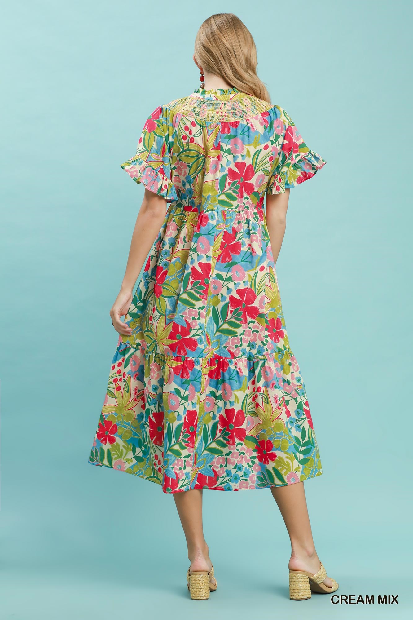 Tropical Floral Ruffle Sleeve Tiered Midi Dress, image 3