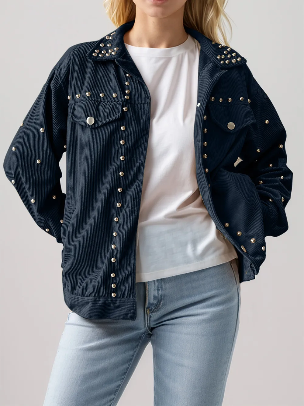 Studded Collared Neck Button Up Jacket, image 6