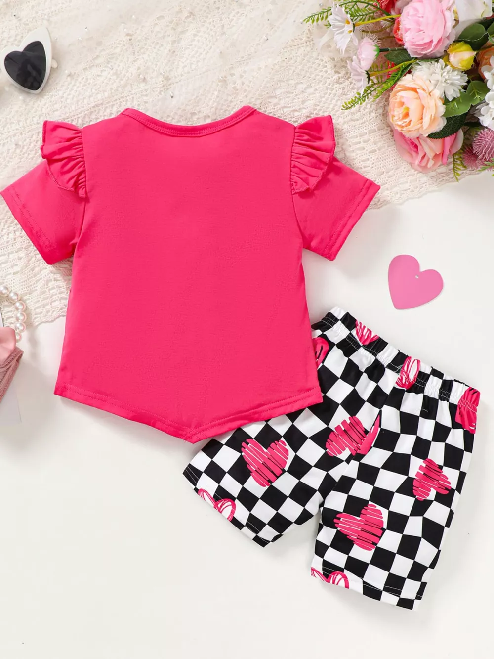 Children's Ruffled Short Sleeve Tee and Checkerboard Shorts Set, image 3