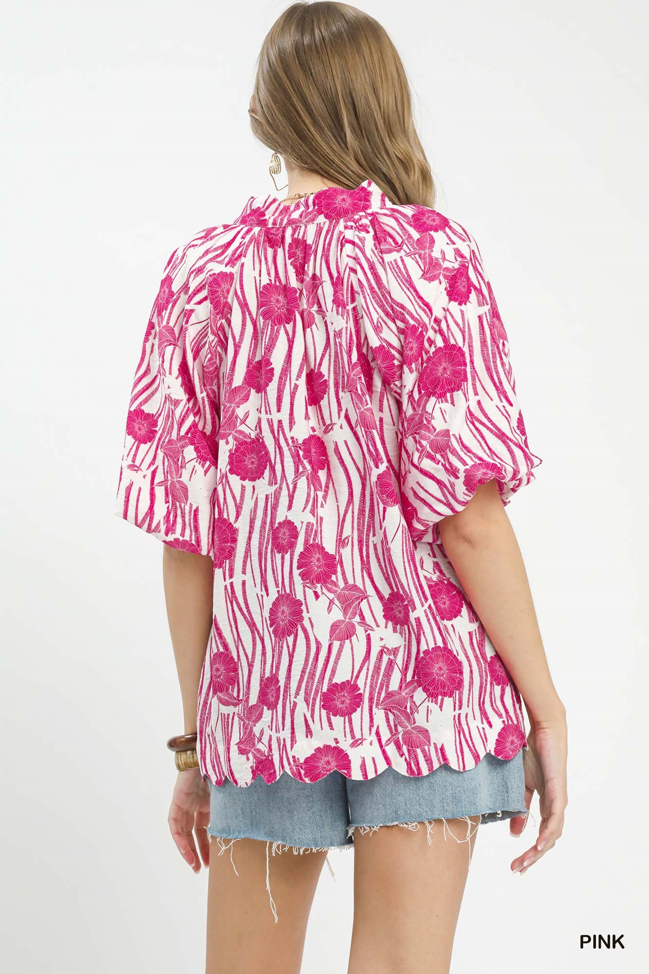 Floral Scalloped Edge Puff Sleeve Blouse with High-Low Curved Hem, image 3