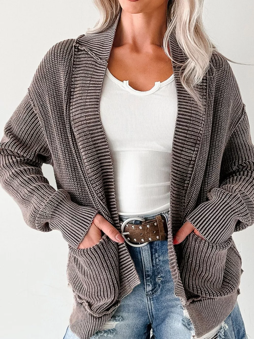 Mineral Wash Exposed Seam Patchwork Knit Open Sweater Cardigan, image 4
